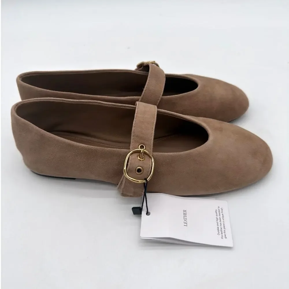 MNG Mango Sand Suede Goat Leather Mary Jane Flat Minimalist Buckle EU38 US7.5